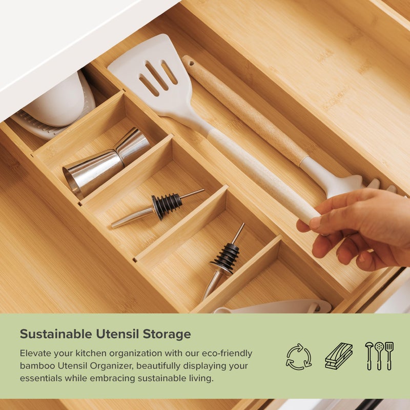 KitchenEdge Adjustable Bamboo Kitchen Drawer Organizer for Utensils and Junk, Expandable to 28 inches Wide, 9 Compartments - Image 5